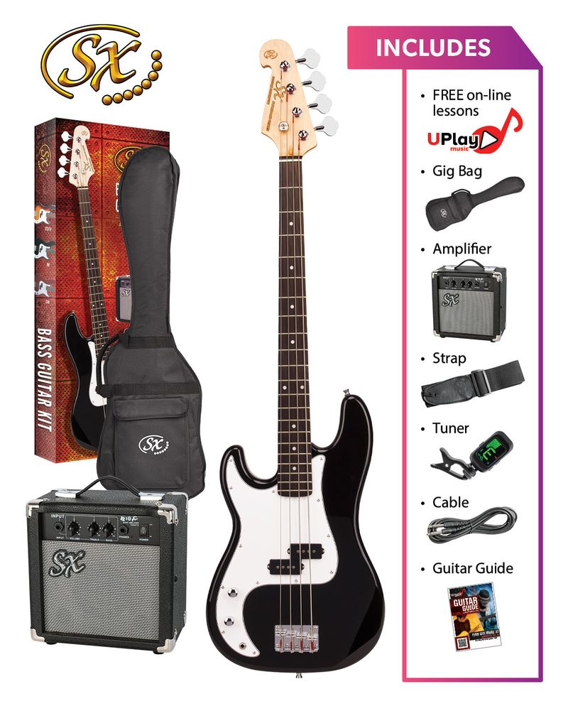 SX 4/4 Bass Guitar Pack - Black - LEFT HAND