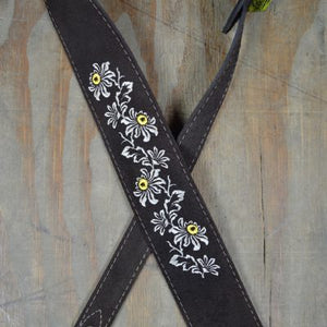 Flowers Embroidered Brown Suede Guitar Strap